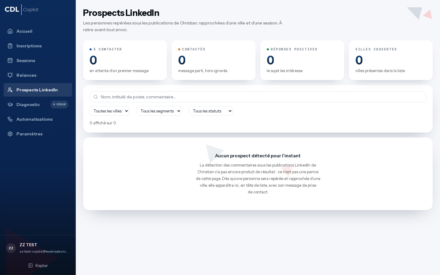 Page Prospects LinkedIn vide en production
